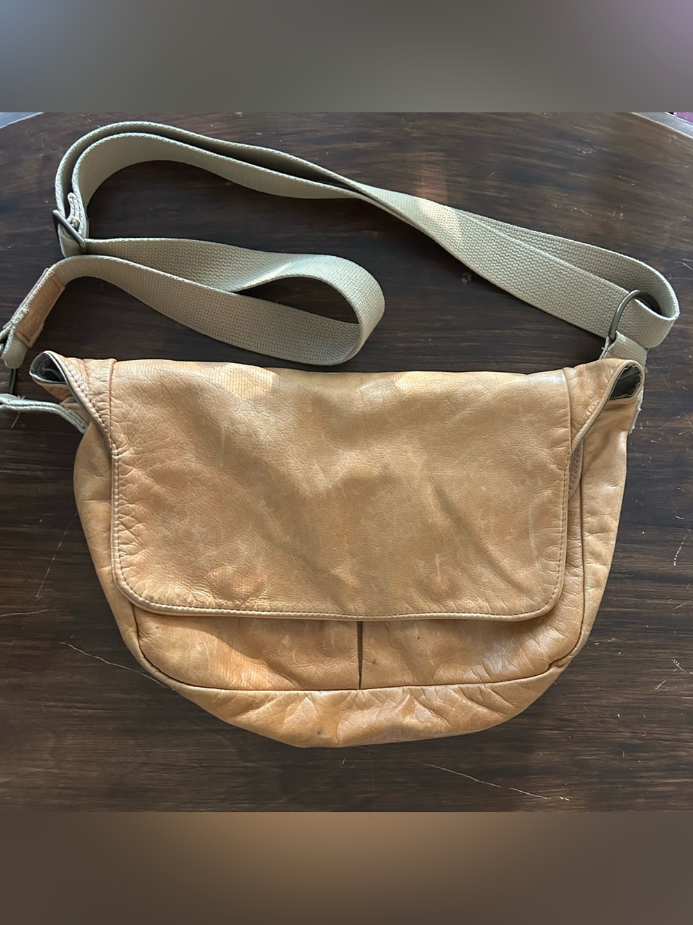 CANOE Tan Leather Messenger Crossbody Bag w/Canvas Strap Made in USA